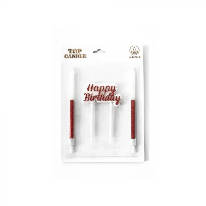 Happy Birthday Yazılı Kırmızı Simli Pasta Mumu Seti