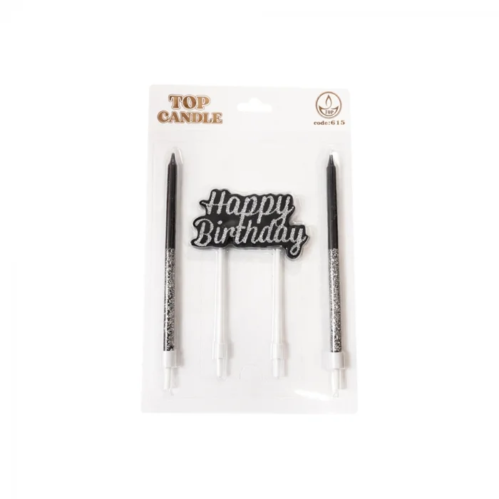 Happy Birthday Yazılı Siyah Simli Pasta Mumu Seti