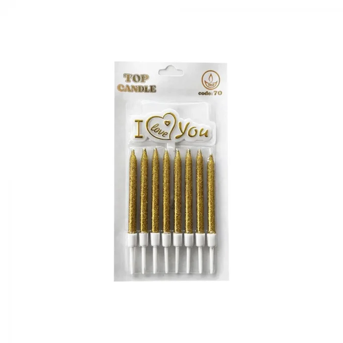 I Love You Yazılı Altın Simli Pasta Süsü Mum Seti