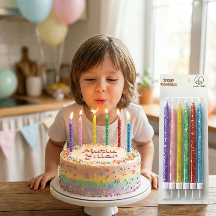 Karışık Renk Simli Pasta Mumları 6 Adet – Şık Doğum Günü Mum Seti