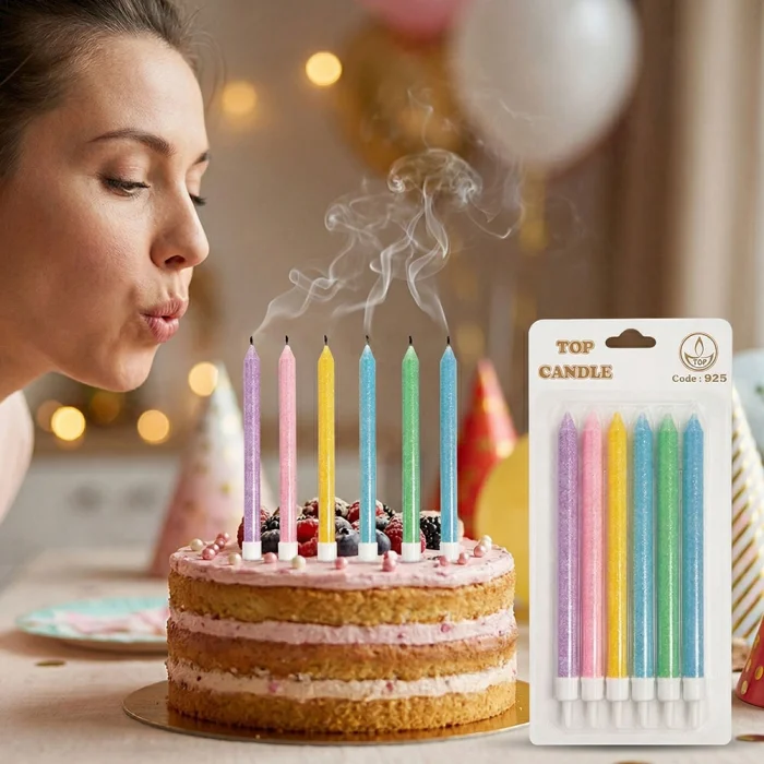 Karışık Renkli Makaron Simli Pasta Mumu Seti 6 Parça