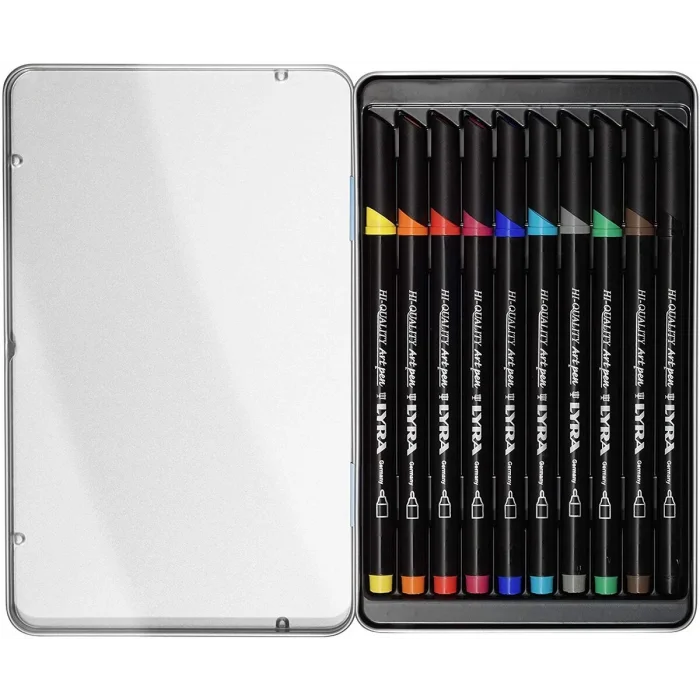 Lyra Hi-Quality Art Pen Çizim Kalemi Seti 10 Renk Metal Kutu