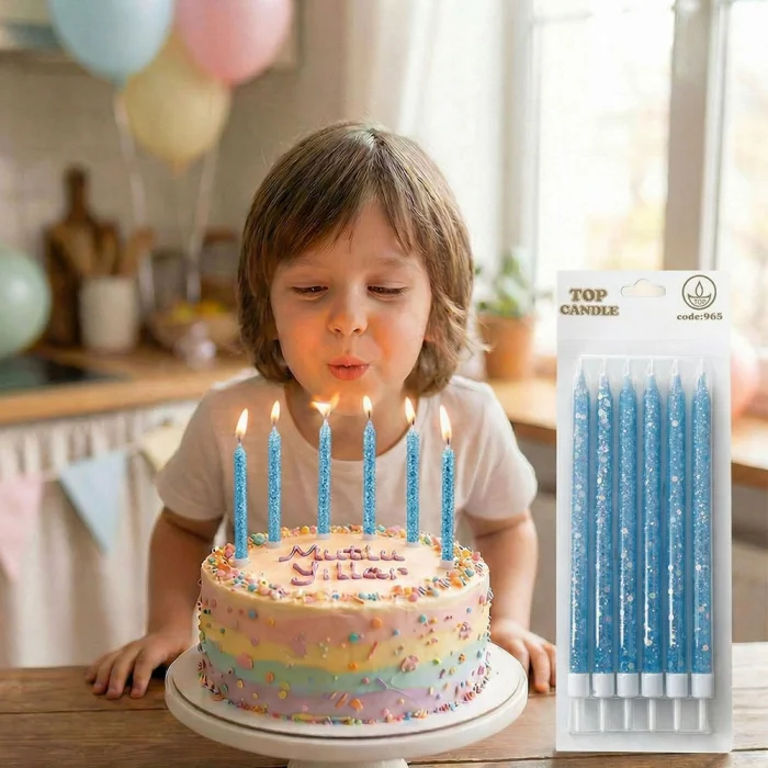 Mavi Simli Pasta Mumları 6 Adet – Şık Doğum Günü Mum Seti