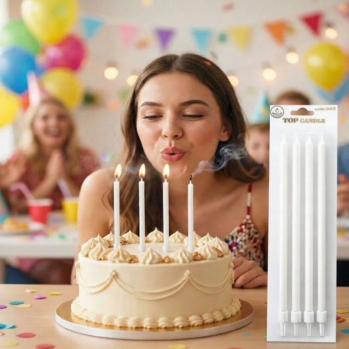 Metalik Beyaz Uzun Mum 19cm 4 Parça