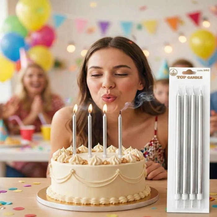 Metalik Gümüş Uzun Mum 19cm 4 Parça