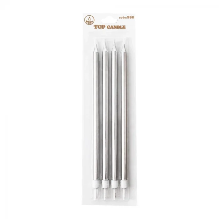 Metalik Gümüş Uzun Mum 19cm 4 Parça