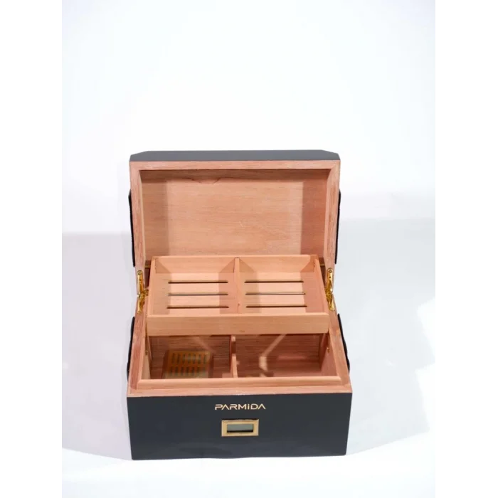 Parmida Siyah Deri Geçişli Raflı Sedir Ağacı Nemlendirici Humidor PHUM0237 - Parmida