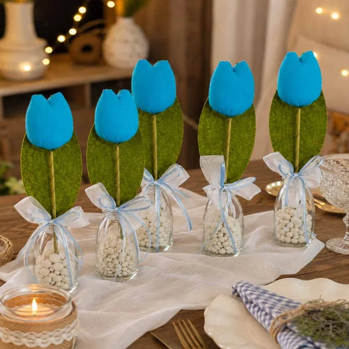 Peluş Mavi Lale Çubuk Süs 5li