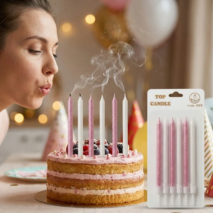 Pembe Beyaz Simli Pasta Mumu Seti 6 Parça