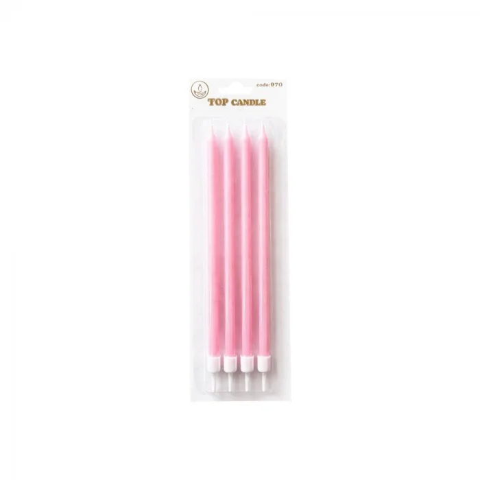 Pembe Makaron İnce Uzun Pasta Mum Seti 4lü