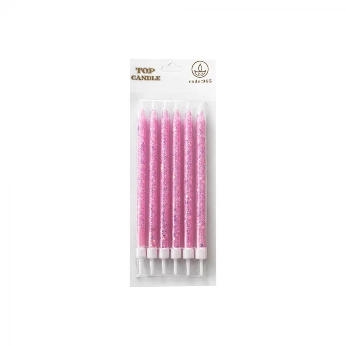 Pembe Simli Pasta Mumları 6 Adet – Şık Doğum Günü Mum Seti