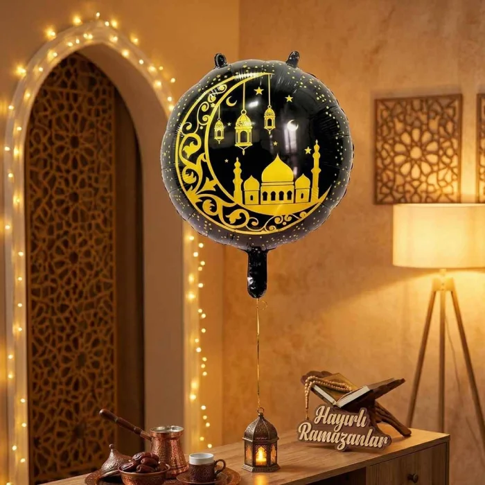 Ramazan Temalı Siyah Folyo Balon - Altın Hilal ve Kandil Detaylı