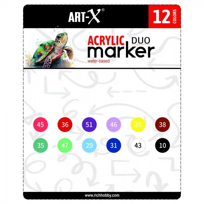 Rich Art-X Acrylic Duo Marker Çift Uçlu Su Bazlı Akrilik Boyama Markörü Seti 12 RENK