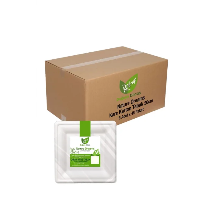 Roll-Up Doğaya Dönüşümlü Kare Karton Tabak 26cm 6 Adet x 48 Paket (Koli)