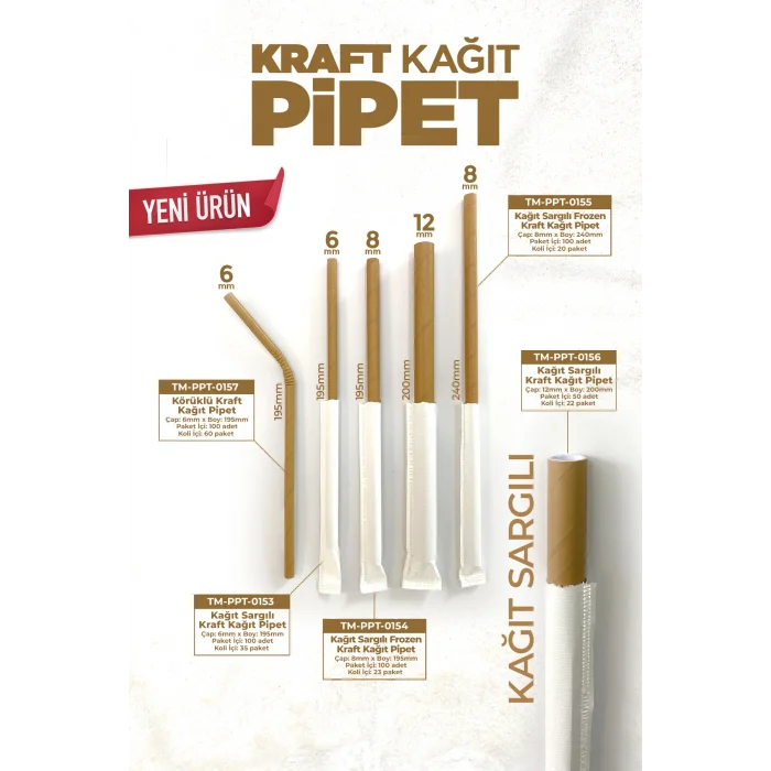 Roll-Up Körüklü Kraft Kağıt Pipet 6mmx19,5cm 100 Adet