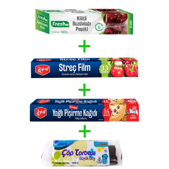 Roll-Up Küçük Boy Buzdolabı Poşeti - Streç - Kesilmiş Pişirme Kağıdı - Çöp Torbası Seti