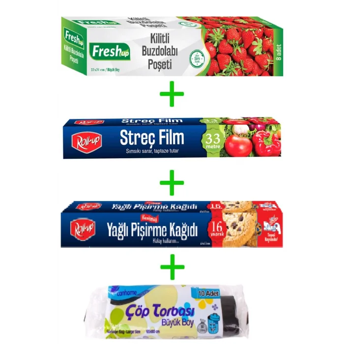 Roll-Up Orta Boy Buzdolabı Poşeti- Streç - Kesilmiş Pişirme Kağıdı - Çöp Torbası Seti