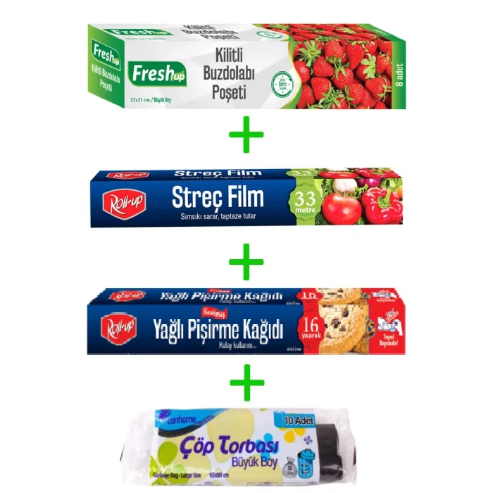 Roll-Up Orta Boy Buzdolabı Poşeti- Streç - Kesilmiş Pişirme Kağıdı - Çöp Torbası Seti