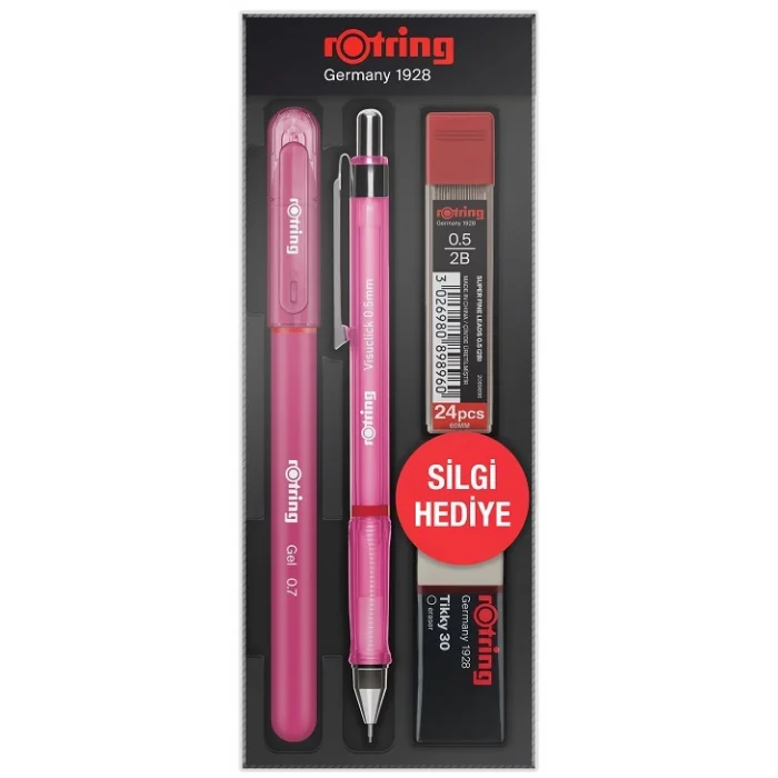 Rotring Visuclick Versatil Kalem + Jel Kalem + Min + Silgi Okul Seti 0.5 mm PEMBE