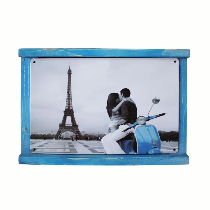 Rustik Ahşap Çerçeveli Vintage Metal Pano Eiffel 20x30
