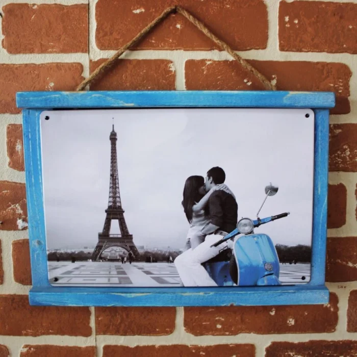 Rustik Ahşap Çerçeveli Vintage Metal Pano Eiffel 20x30