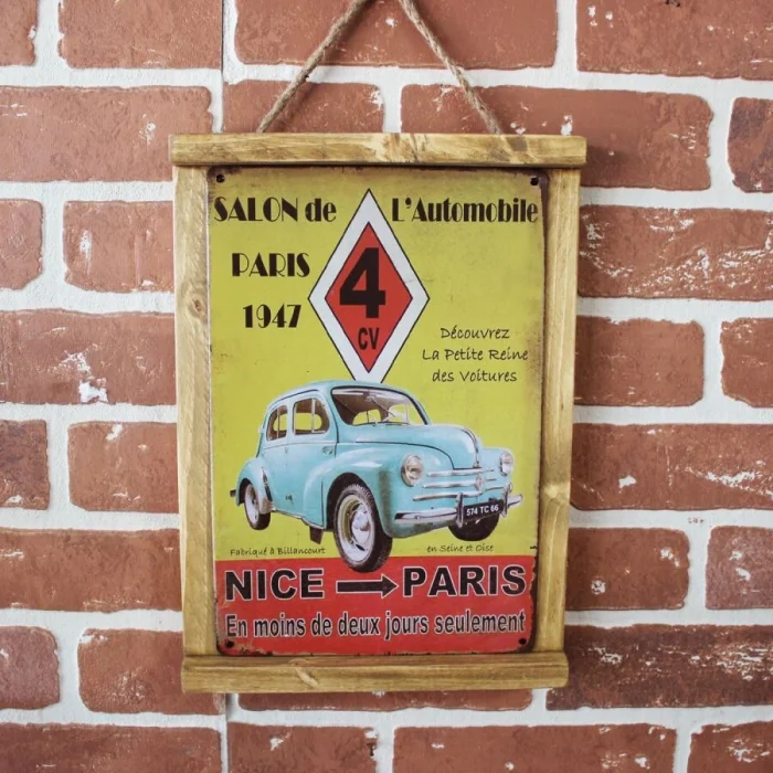 Rustik Ahşap Çerçeveli Vintage Metal Pano Nice Paris 20x30