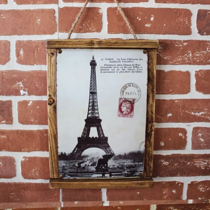 Rustik Ahşap Çerçeveli Vintage Metal Pano Paris Mail 20x30