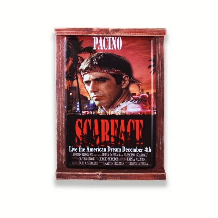 Rustik Ahşap Çerçeveli Vintage Metal Pano Scarface 20x30