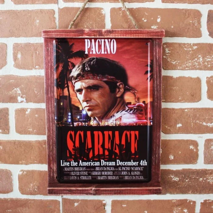 Rustik Ahşap Çerçeveli Vintage Metal Pano Scarface 20x30