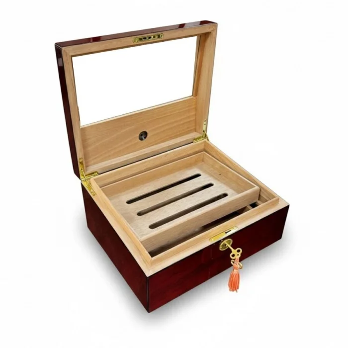 Sedir Ağacı Camlı Puro Kutusu Humidor Ceviz 40s