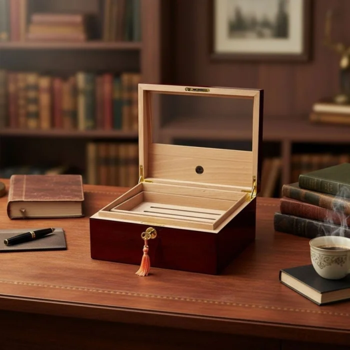 Sedir Ağacı Camlı Puro Kutusu Humidor Ceviz 40s