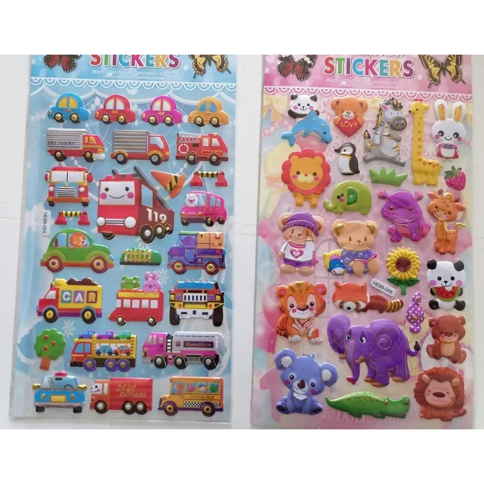 Sevimli hayvan ve taşıtlar 3D Kabartmalı Sticker Çıkartma seti