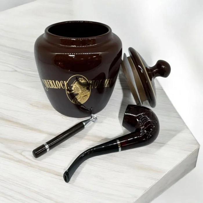 Sherlock Holmes El Yapımı Seramik Pipo Tutun Kavanozu Kahve Large