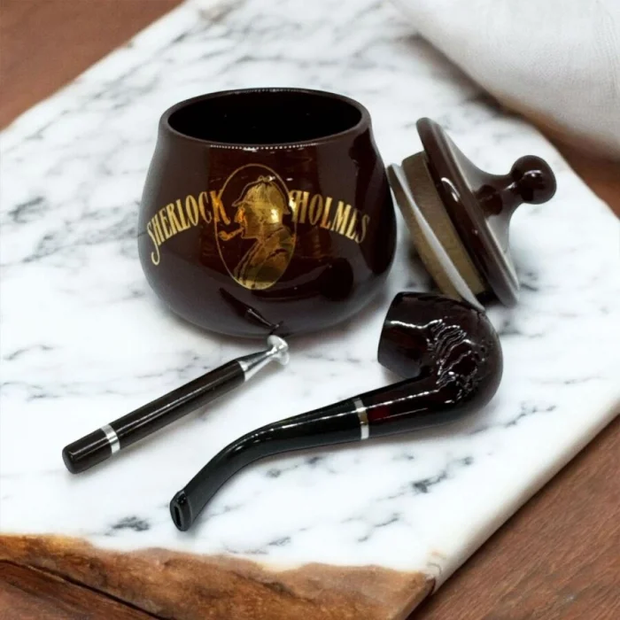 Sherlock Holmes El Yapımı Seramik Pipo Tutun Kavanozu Kahve Small