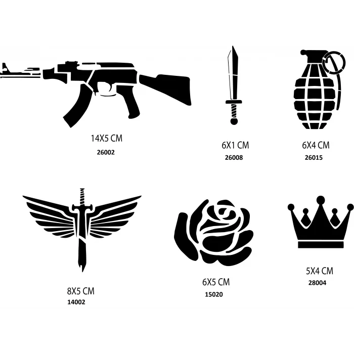 Silah Ve Gül Geçici Dövme Şablonu Seti 6 Adet