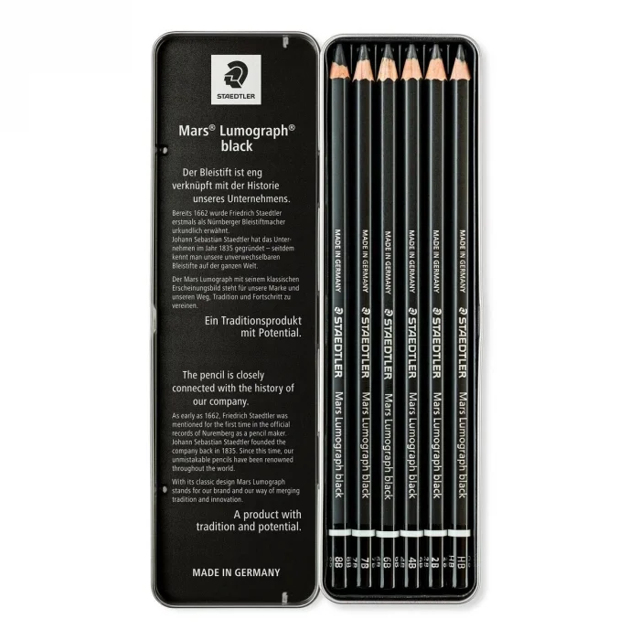 Staedtler Mars Lumograph Black Dereceli Kalem Karakalem Eskiz Çizim Seti 6lı Metal Kutu