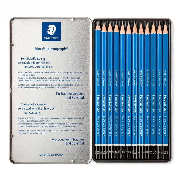 Staedtler Mars Lumograph Dereceli Kalem Karakalem Eskiz Çizim Seti 12li Metal Kutu (6B-4H)