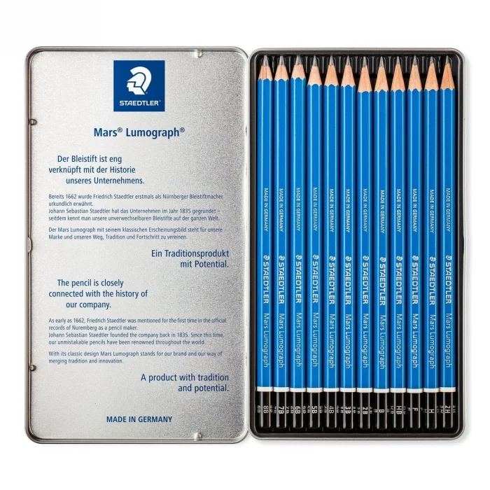 Staedtler Mars Lumograph Dereceli Kalem Karakalem Eskiz Çizim Seti 12li Metal Kutu (8B-2H)