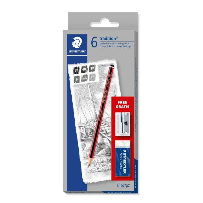 Staedtler Tradition Dereceli Kalem Karakalem Eskiz Çizim Seti 6 Kalem + Silgi + Kalemtraş