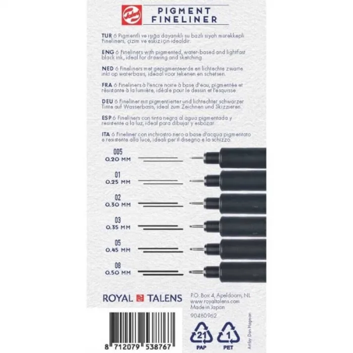 Talens Pigment Fineliner Teknik Çizim Kalemi Seti 6lı