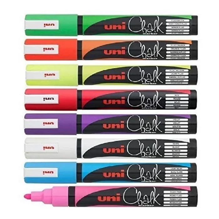 Uni Chalk 1.8-2.5 mm Yuvarlak Uç Su Bazlı Sıvı Tebeşir Kalemi Seti 8 Renk