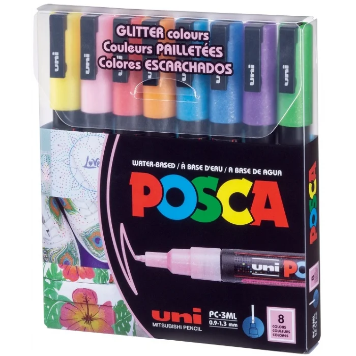 Uni Posca PC-3M 0.9-1.3 Su Bazlı Boyama Markörü Seti Simli Renkler 8 RENK