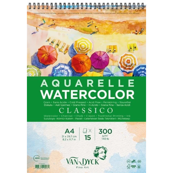 Van Dyck Classico Cold Pres Spiralli Sulu Boya Defteri Blok 300 gr. A4 15 yaprak