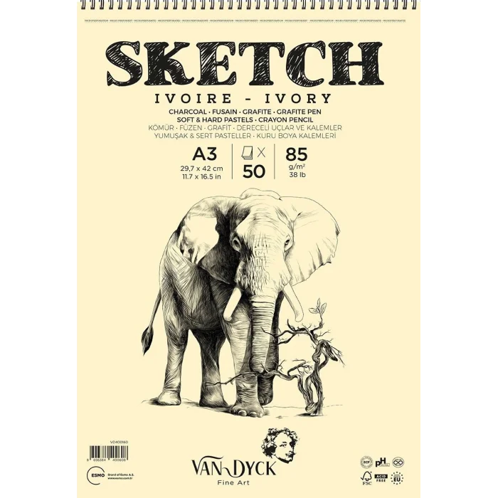 Van Dyck Sketch Ivory(Fildişi) Eskiz Çizim Defteri Üstten Spiralli 85 gr. A3 50 yp.