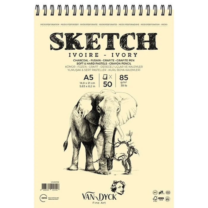 Van Dyck Sketch Ivory(Fildişi) Eskiz Çizim Defteri Üstten Spiralli 85 gr. A5 50 yp.