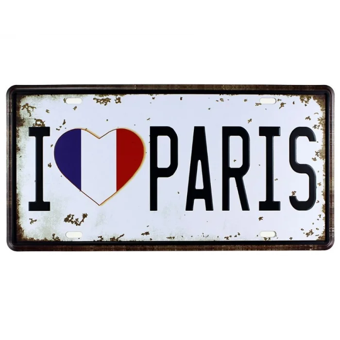 Vintage Metal Plaka I Love Paris 15x30