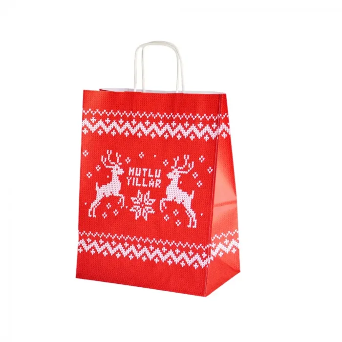 Yılbaşı Beyaz Büküm Saplı Kraft Çanta 25x31 cm