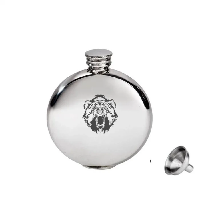 Yuvarlak Çelik Cep Matarası Krom 5 Oz 150ml Vahşi Ayı (hunili)