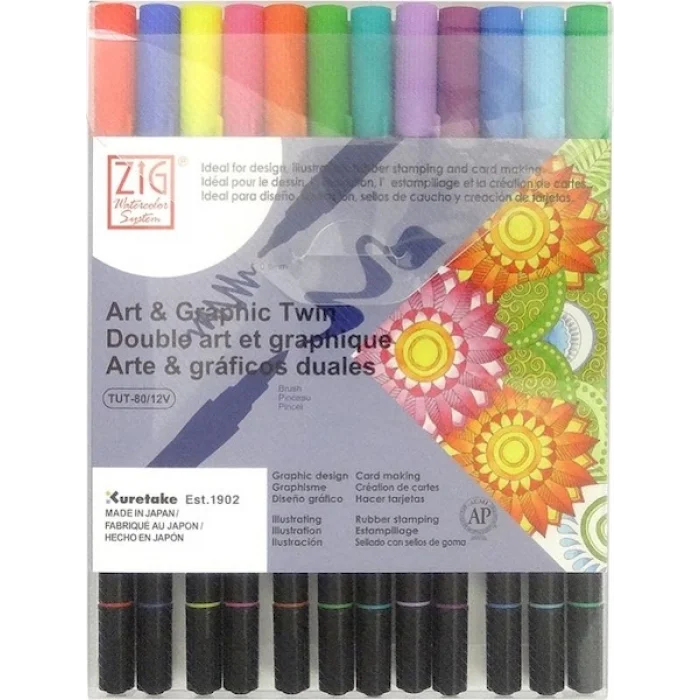 Zig Art & Graphic Twin Marker Brush Pen Çift Uçlu Çizim Kalemi Seti 12 Renk BRIGHT COLORS