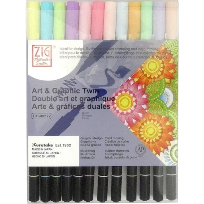 Zig Art & Graphic Twin Marker Brush Pen Çift Uçlu Çizim Kalemi Seti 12 Renk PASTEL COLORS